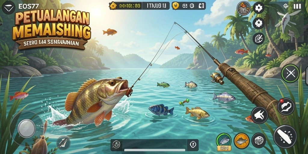 Tampilan menakjubkan dari gameplay memancing yang mendalam di EOS77.