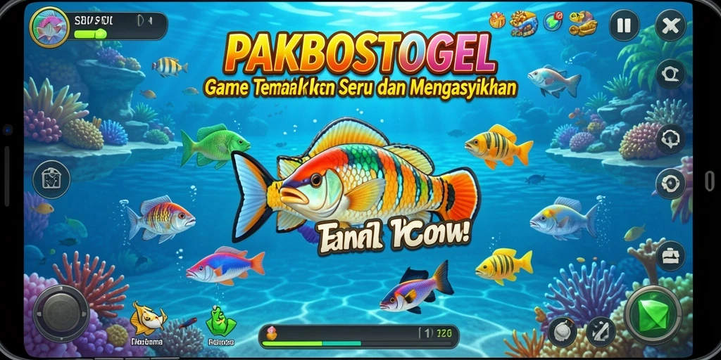 Screenshot PAKBOSTOGEL menampilkan aksi menembak ikan yang mendebarkan.