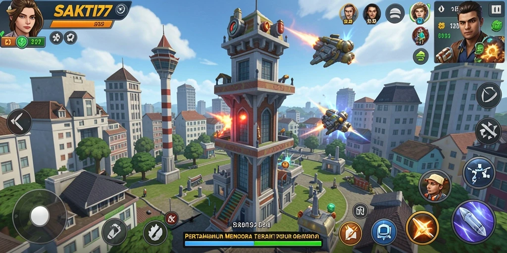 Tangkapan layar gameplay SAKTI77 menampilkan aksi menara pertahanan yang mendebarkan.