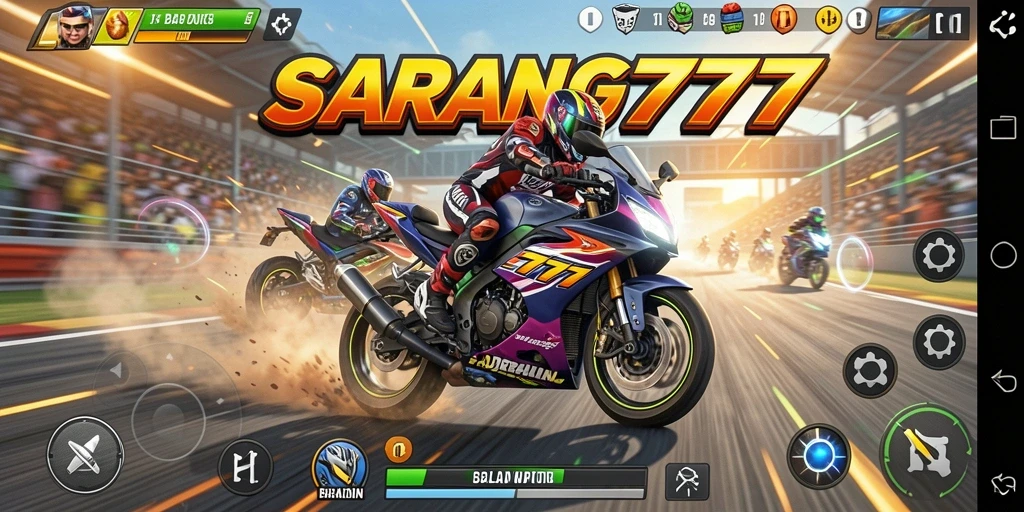 Tampilan menarik dari gameplay SARANG777 dengan aksi balap motor yang seru.