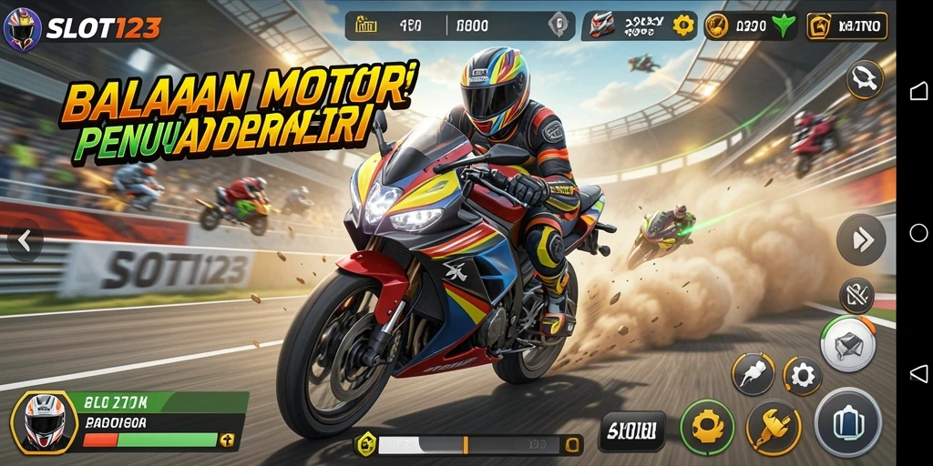 Screenshot utama SLOT123 menampilkan aksi balapan motor yang mendebarkan.