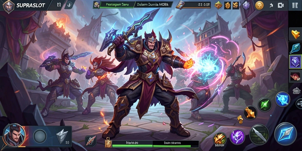 Gameplay seru dan strategis dalam SUPRASLOT, menampilkan aksi intens MOBA.
